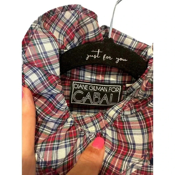 Diane Gilman For Cabai Women's Plaid Tartan Ruffle High‎ Neck Blouse Size 7/8 - Picture 6 of 6